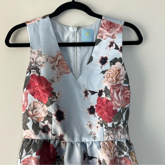 Cece Floral Rose Light Blue Silky Midi Dress Formal Homecoming Wedding sz 0 - Picture 2 of 8